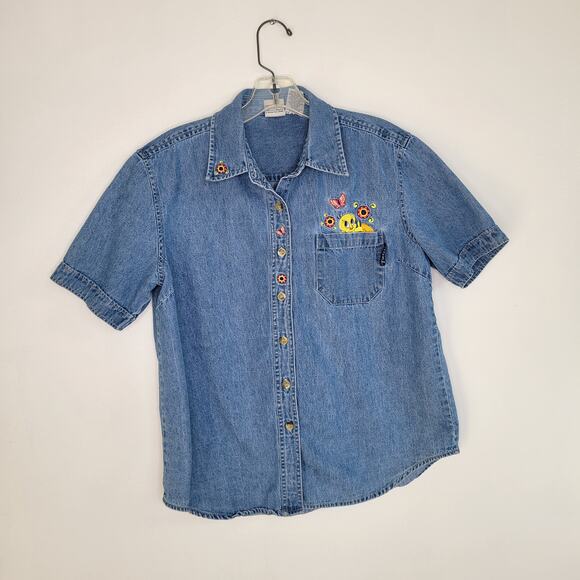 Vintage Y2K Looney Tunes Tweety Bird Shirt Button Front Denim Women Medium - Picture 9 of 11